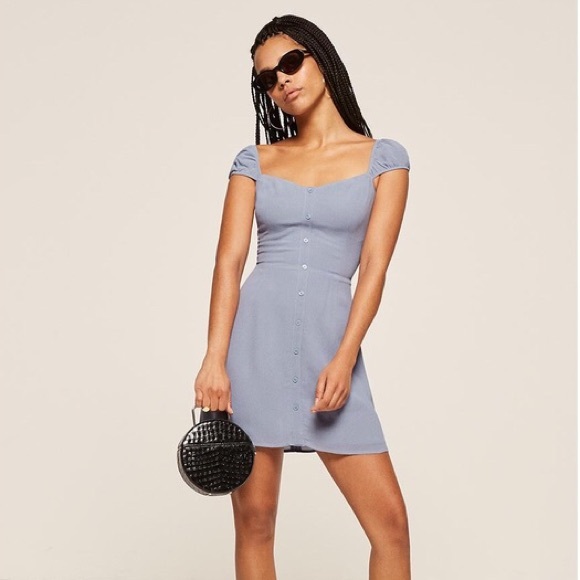 Reformation Sunset Light Blue Iris Peasant Off the Shoulder Mini Dress 12 - Picture 6 of 9